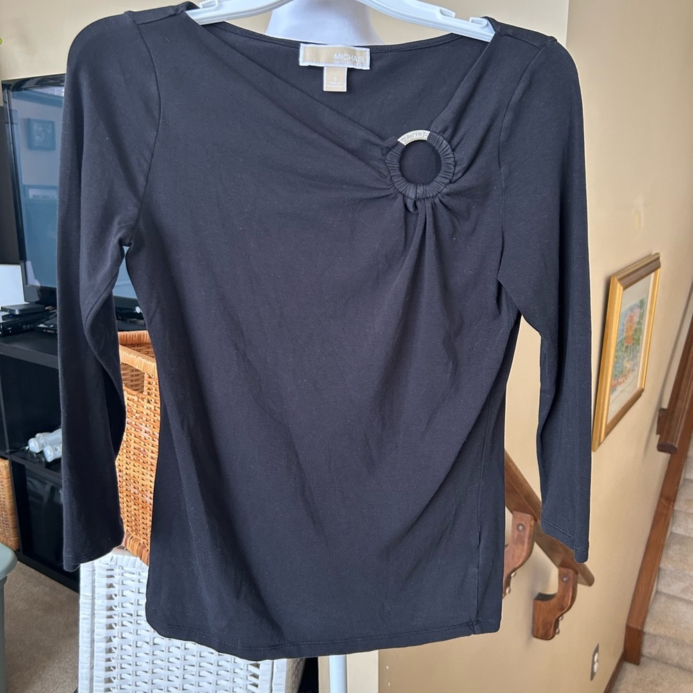 Micheal Kors Black Women's Crew Neck 3/4 sleeve Top with Ring Detail